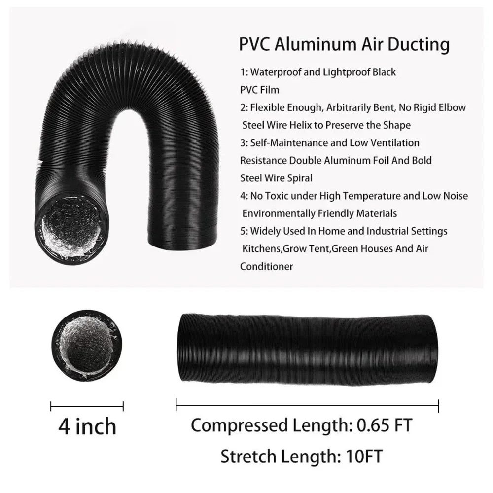 4Inch 10FT Flexible Aluminum Air Ducting Black 4 Layer Dryer Vent Hose HVAC 2